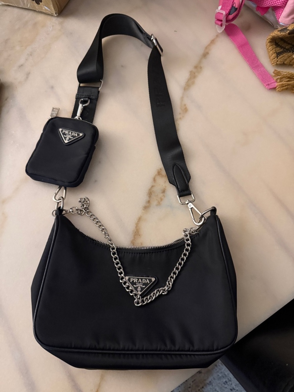 Copy black Nylon Crossbody with Chain and Detachable Mini Pouch